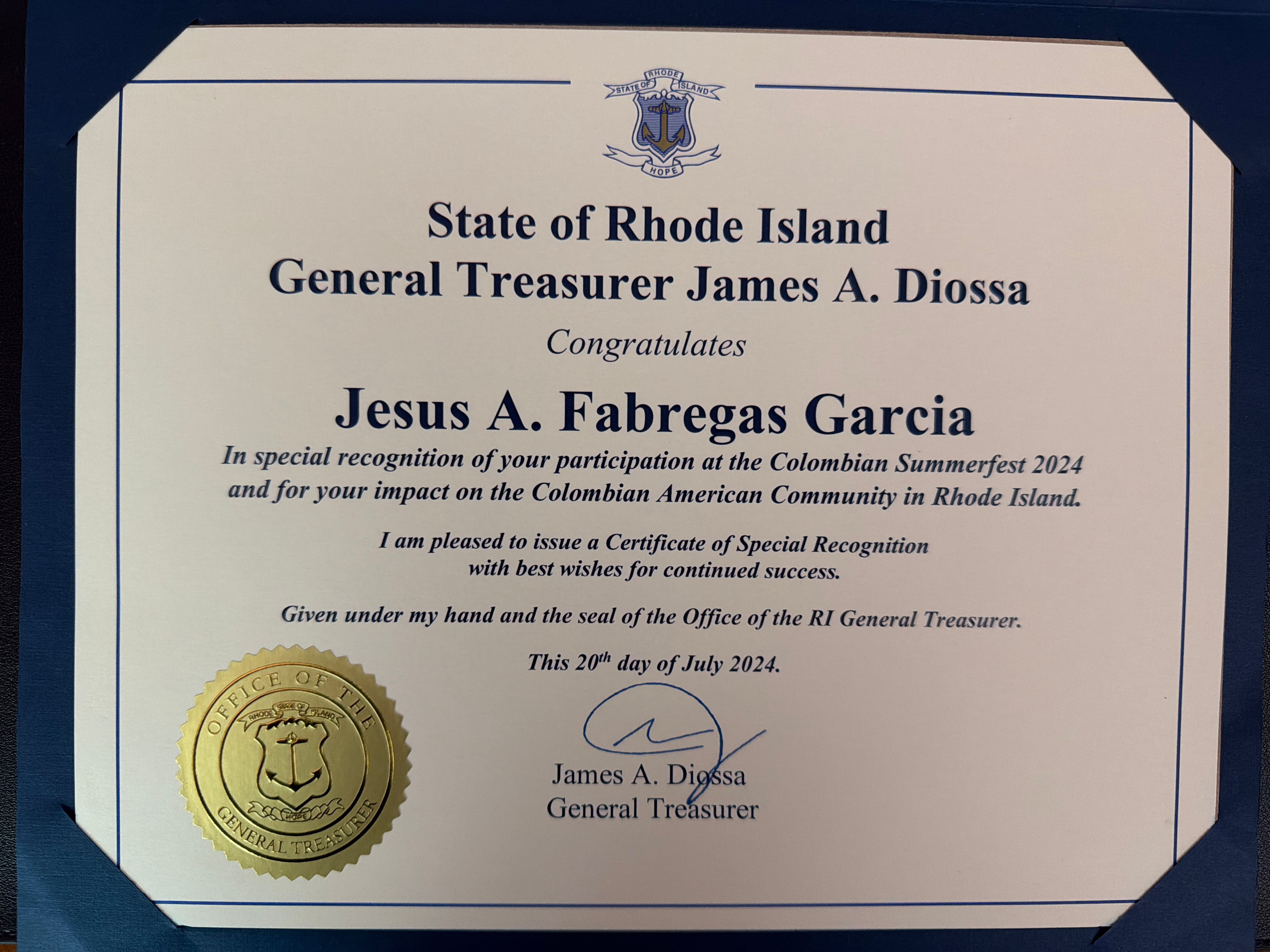 Certificate of Special Recognition firmado por el Tesorero James A. Diossa